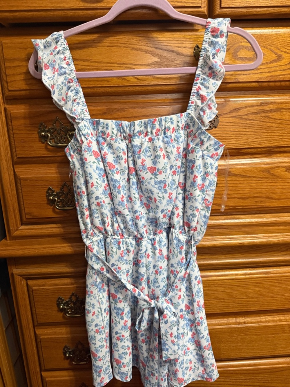 Altar'd State White Floral Tie-Waist Romper with Pink & Blue Flowers
